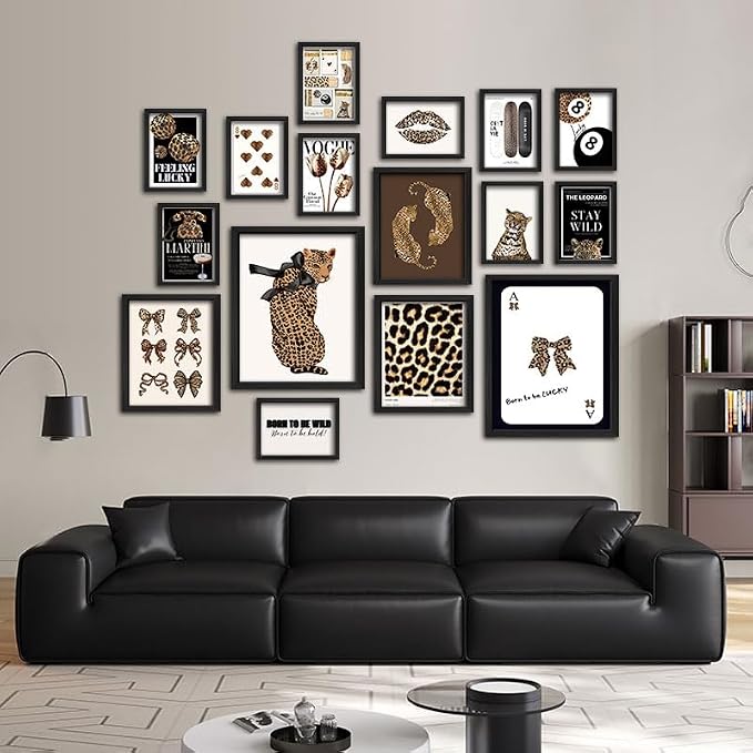 ANERZA 16 PCS Framed Leopard Wall Art Decor, Cheetah Wall Prints for Bedroom, Preppy Gallery Wall Frame Set, Trendy Posters for Living Room Aesthetic, Funky Collage Kit, Dorm Artwork