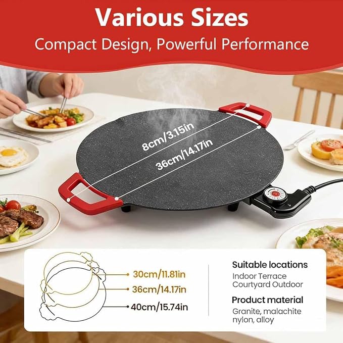 Electric Indoor Grill Nonstick Smokeless, Round Electric Griddle Nonstick for Indoor Use, Portable Korean BBQ Grill with Temperature Control for Kitchen, BBQ, Pan Searing Steak, Pancakes (14in)