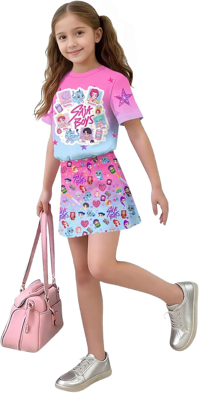 HTHLVMD K Pop Short Sleeve T-Shirt and Skirts Outfits Set for Girls Hunters Rumi Mira Zoey Graphic Tees De-Mon Costume