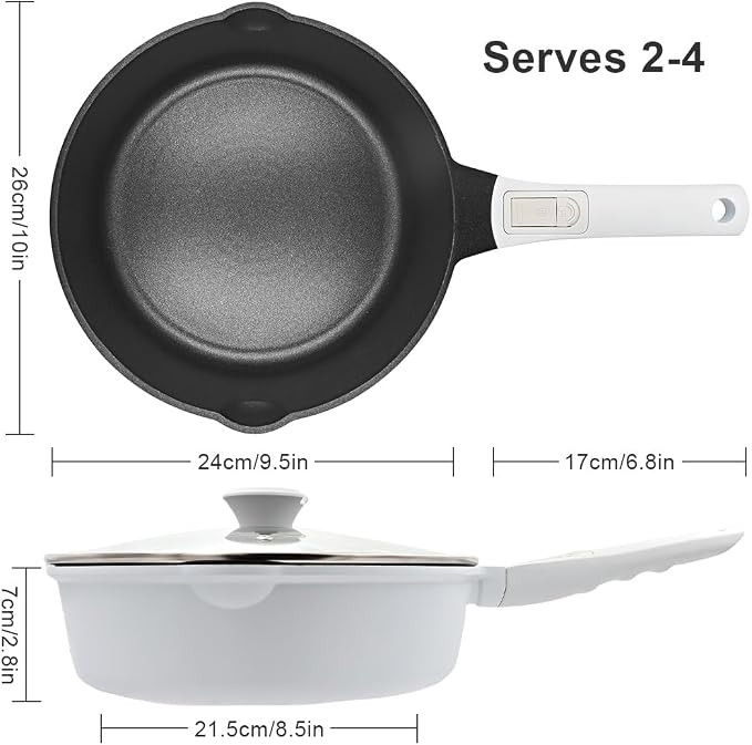 10 Inch Deep Frying Pan Skillet with Lid, Saute Pan Nonstick,White | 4 QT Cooking Pan with Detachable Handle, Suitable for All Stoves Including induction, Oven Safe, Non-Toxic PFOA Free