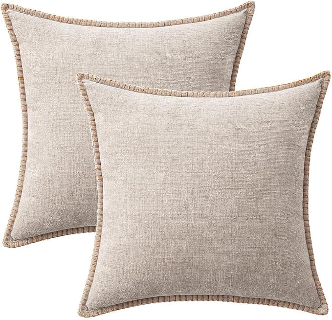 MIULEE Decorative Couch Throw Pillow Covers 18x18 Inch Taupe 2 Pack | Farmhouse Pillow Covers with Stitched Edge, Soft Chenille Cushion Cases, for Sofa Bed Living Room Home Decor