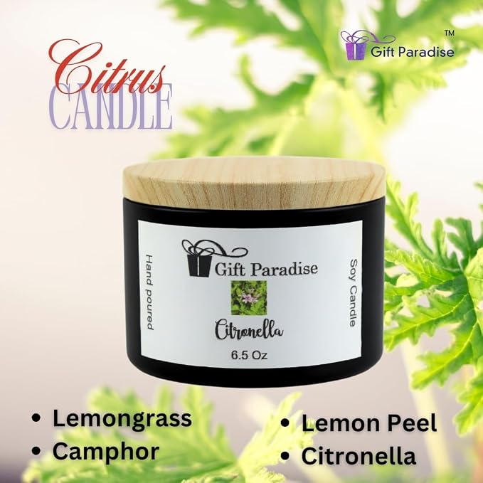 Citronella Scented Soy Candle – 6.5 oz Black Metal Tin – Natural Soy Wax & Cotton Wick – Clean Burning – Fresh Citrus Aroma – Non-Toxic Home & Indoor Candle