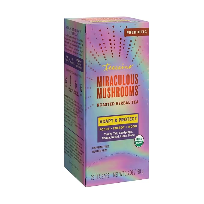 Teeccino Miraculous Mushrooms Adapt & Protect Herbal Tea By Teeccino, 25 Tea Bags - Five Organic Adaptogenic Mushrooms with Chicory & Cacao, 3x More Herbs than Regular Tea Bags, Caffeine Free, Prebiotic