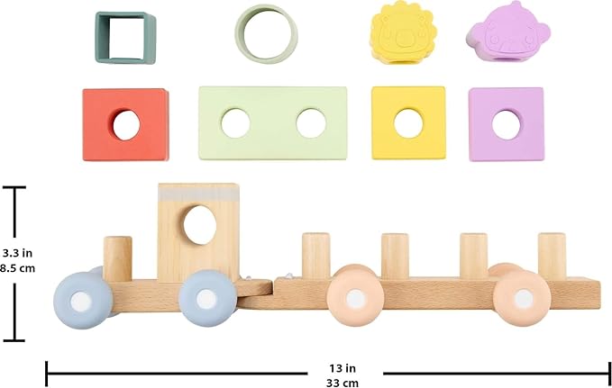 Fisher-Price Wood Baby Toy Stacking Train, 9-Piece Activity with Silicone & Wooden Blocks for Infants & Toddlers Ages 9+ Months