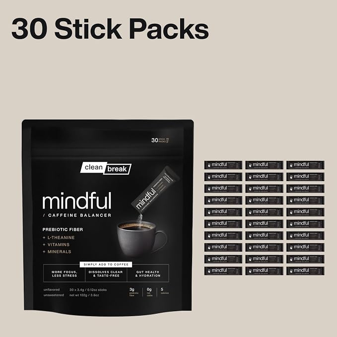 Mindful Tasteless Prebiotic Fiber for Your Coffee - Enhanced with L-Theanine, Magnesium, B Vitamins - Dissolves Clear & Taste-Free - Unflavored, Unsweetened (30 Count)