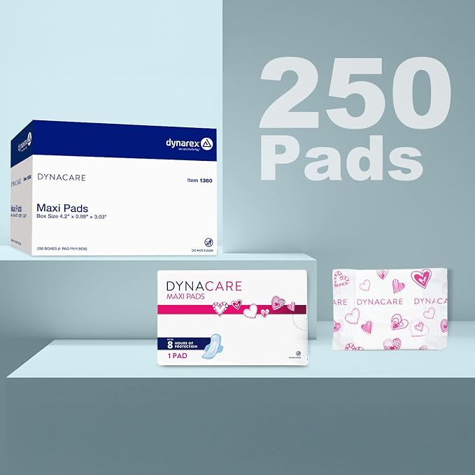 Dynarex Super Maxi Pads Without Wings - High Absorbency Feminine Santiary Pads, Curved Design, Leak-Free Protection, Unscented, 250/Box