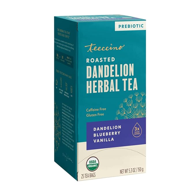 Teeccino Dandelion Blueberry Vanilla Herbal Tea - 25 Tea Bags - Rich & Roasted Herbal Tea That’s Caffeine Free & Prebiotic for Natural Energy, Coffee Alternative