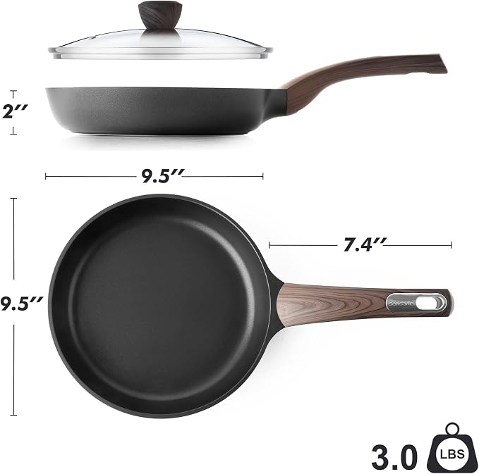 SENSARTE 9.5inch Nonstick Frying Pan Skillet with Lid, Black | Non Stick Pan Omelette Pans with Cover, Healthy Kitchen Cooking Chef's Pan with Cover, PFOA/PFOS Free, Induction Compatible