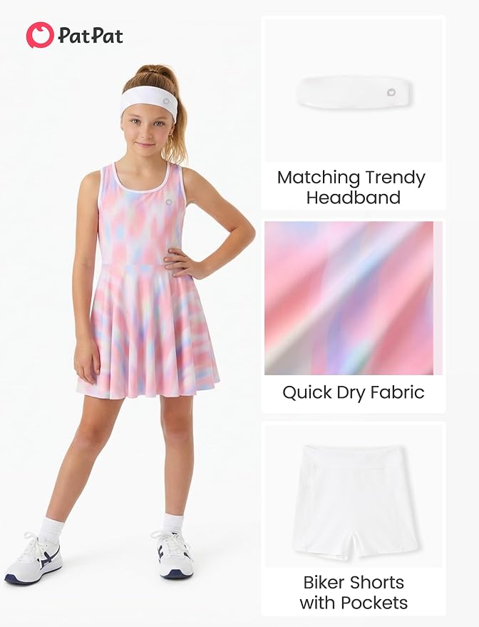 PATPAT Girls Athletic Dress Tennis Summer Outfit with Headband & Shorts | Quick-Dry RapidAir-C Fabric, Lightweight Breathable Golf Dress, Sweat-Wicking 2 Piece sets, Two Hidden Pockets
