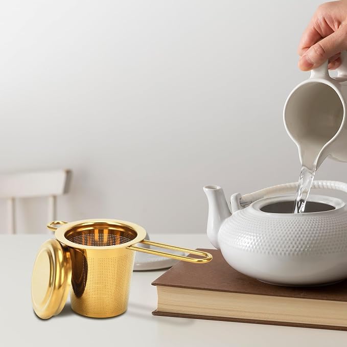 2pcs Tea Diffuser, Stainless Steel Tea Strainer Fine Mesh Tea Infuser with Double Long Handles Loose Leaf Tea Steeper for Mugs Cups Teapots (Gold)