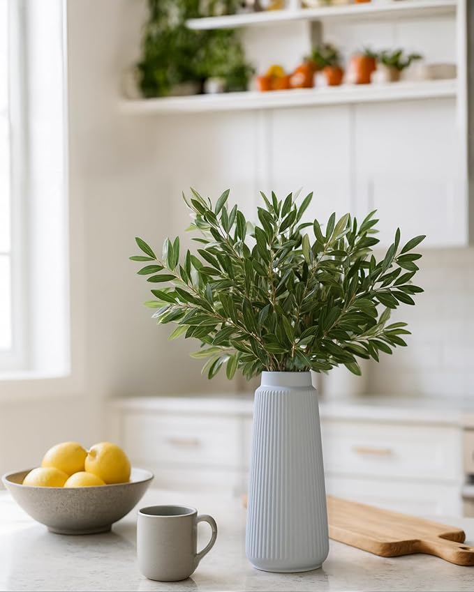 White Ceramic Vase, 8 Inch Conical Flower Vase for Pampas Grass, Modern Minimalist Ribbed Decorative Vase for Living Room Table, Shelf Decor