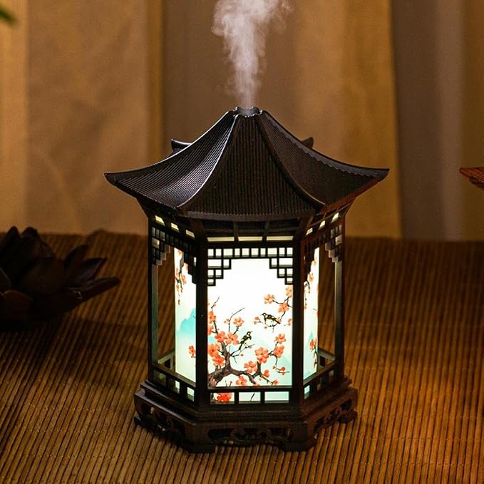 Zen Pavilion Lantern Aroma Diffuser & Night Light,2-in-1 160ml Essential Oil Diffuser with 2 Mist Modes,Zen Garden Humidifier Chinese-Style Decorative Night Light for Yoga, Meditation (Wood Color)