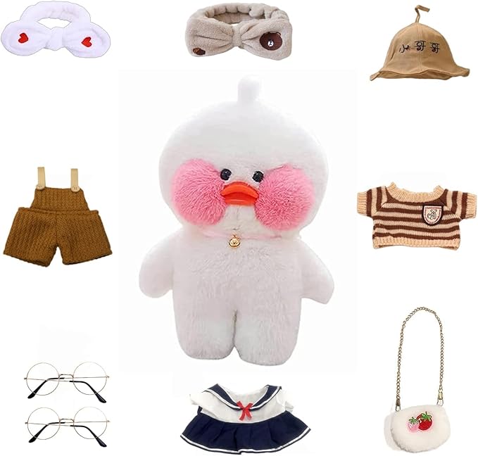 Duck Stuffed Animal Toy with 9 Outfits and Accessories to Match DIY Dress Up Clothes for Duck Plush Toy for Kids (White Duck - Clever Suit)