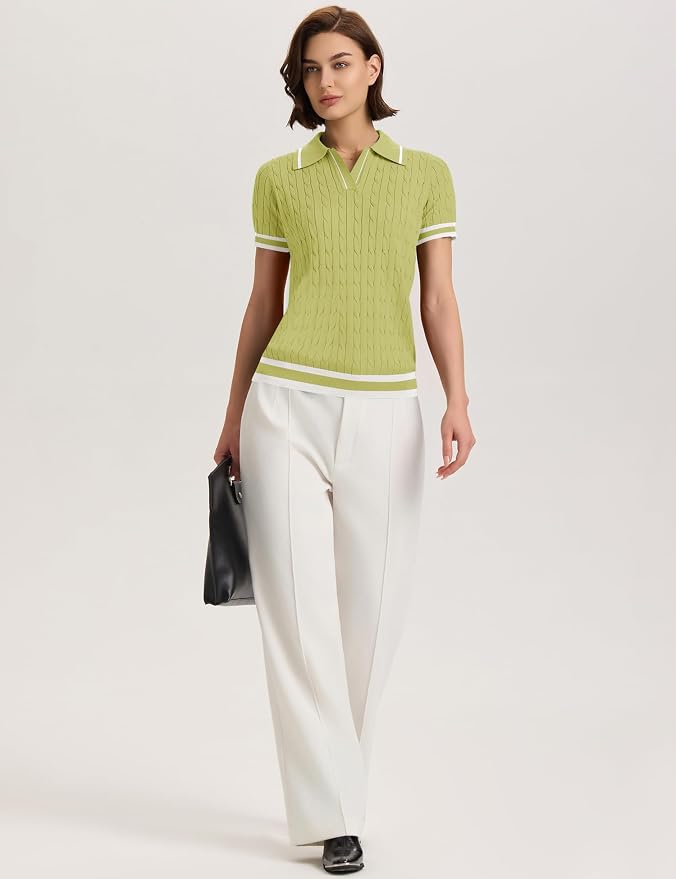 Micoson Womens Short Sleeve Sweater Tops Lapel V Neck Polo Shirts 2026 | Summer Cable Knit Loose Blouses, Business Casual Outfits