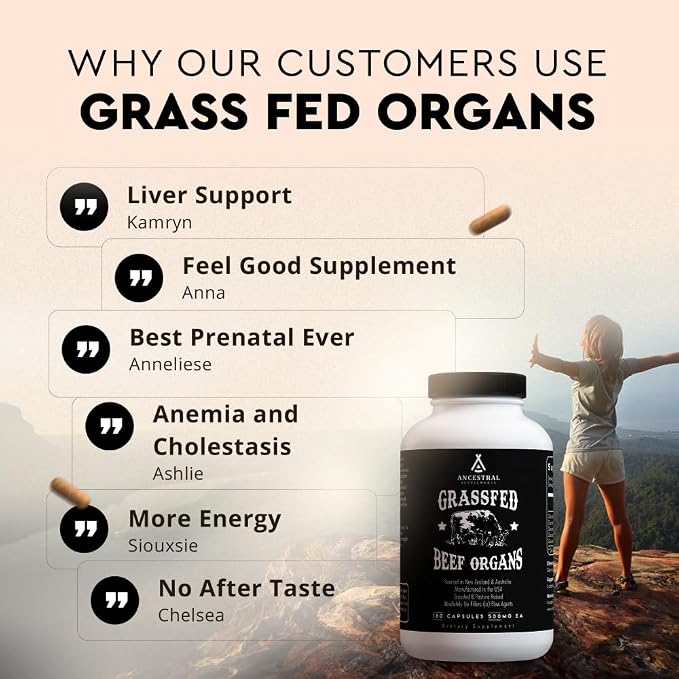 Ancestral Supplements Grass Fed Beef Organ Supplement, Supports Whole Body Wellness with Proprietary Blend of Liver, Heart, Kidney, Pancreas, Spleen, Freeze-Dried Beef, Non-GMO, 180 Capsules
