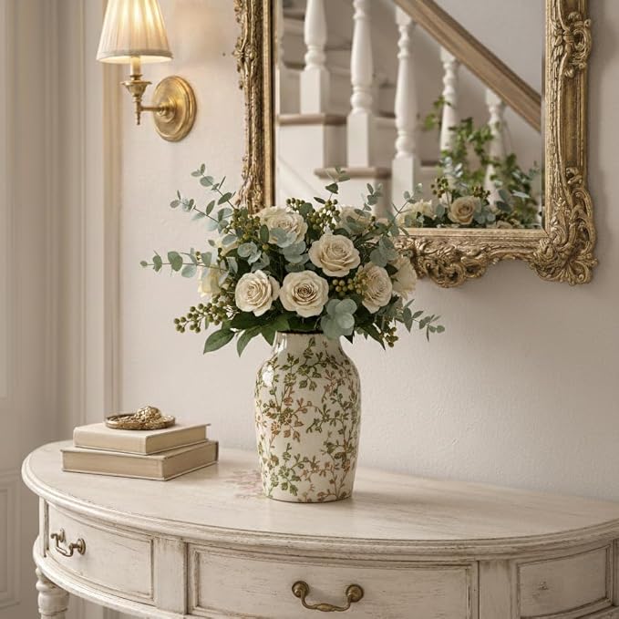 SIDUCAL Ceramic Green and Beige Antique Vase, 7 Inch Retro Ice Cracked Chinoiserie Floral Vase, Rustic Farmhouse Vases for Home Decor, Bookshelf, Office, Garden, Chinoiserie Decor, Tuscan Decor