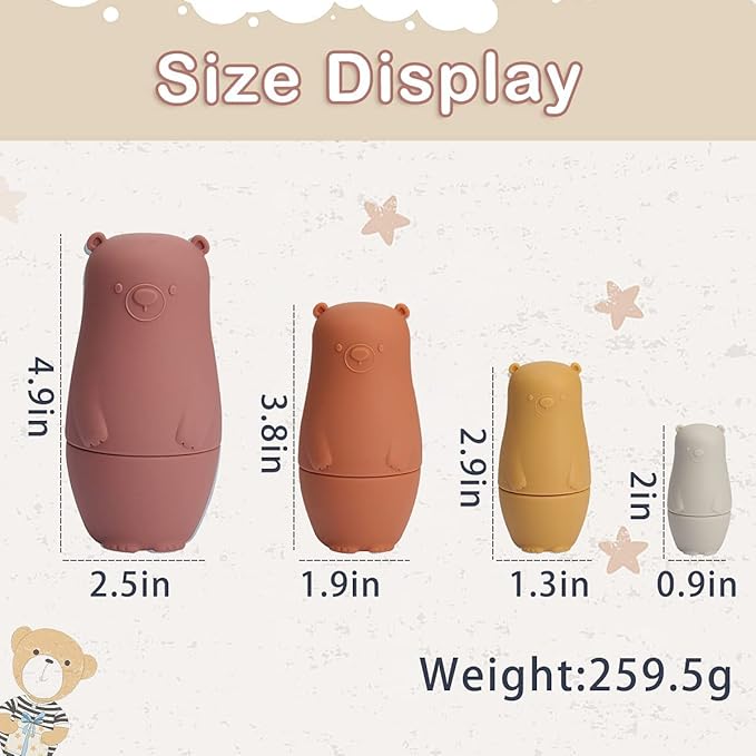 OESSUF 8 Pieces Silicone Nesting Dolls Russian Matryoshka Doll Easter Toys Montessori Educational Toy for Kid Boys Girls Bears Stacking Nesting Toys Set for Toddlers 3 Years Up