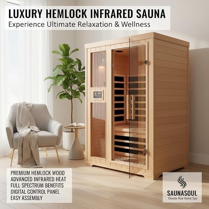 2-Person Infrared Sauna, Indoor Home Sauna Room Hemlock Wood Sauna Low EMF Far Infrared Heating with Tempered Glass Door Bluetooth Speakers, Chromotherapy Lights for Family(110V, 1850W)Truck delivery