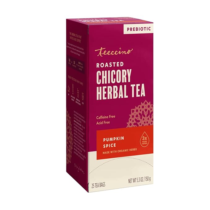Teeccino Pumpkin Spice Herbal Tea - Rich & Roasted Autumn Harvest Tea That’s Caffeine Free & Prebiotic for Delicious Comfort, 25 Tea Bags