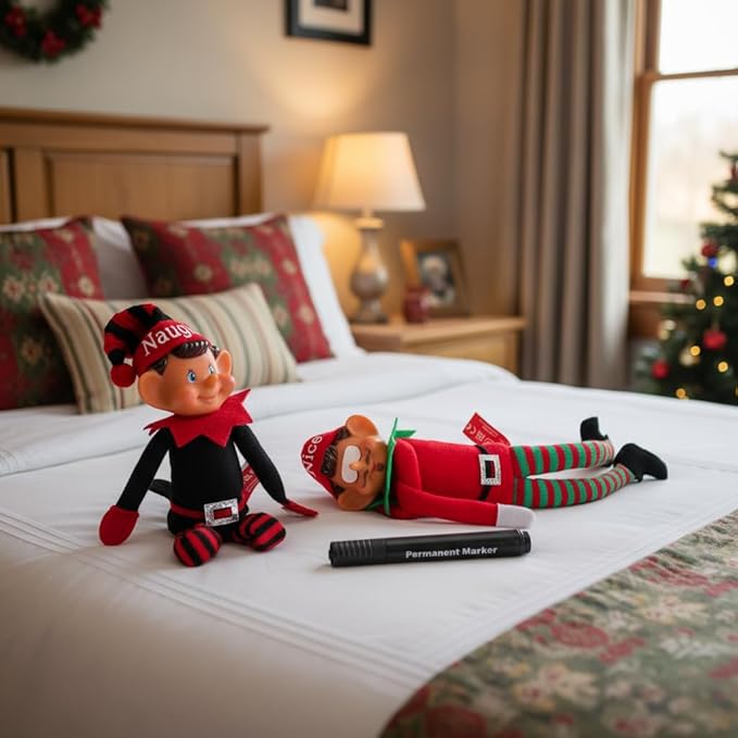 Toyland® Elves With Attitude Twin Pack Elf Soft Toys - 35cm (14") - Naughty & Nice Elves - The Ultimate Festve Duo - Knitted Hat & Legs - Vinyl Cheeky Face & Stick Together Hands - Festive Fun For All