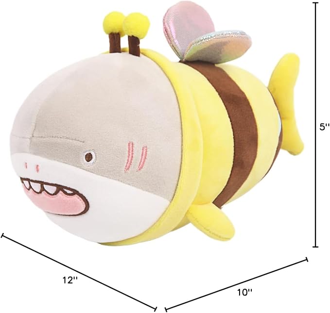 ARELUX 14in Yellow Bee Plush Pillow, Anime Bee Shark Plushie Doll, Soft Stuffed Toy, Kids Plush Pillow
