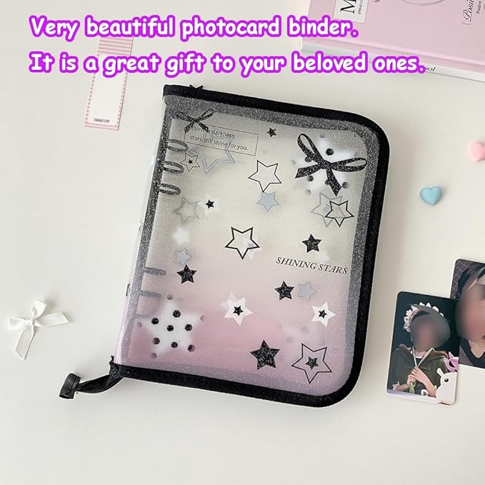 Kpop Photocard Binder Kpop Photocard Holder Book with 50pcs Holographic Photocard Sleeves&10 Korean Stickers, 6 Ring A5 Binder Photocard Album 25 Inner Pages with 200 Pockets (Black Heart)