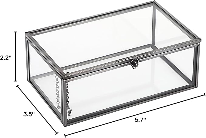 Hipiwe Vintage Glass Keepsake Box Clear Jewelry Display Lidded Box with Lid | Rectangle Glass Box Organizer for Home Decor and Storage of Trinket Rings Bracelet - Black, Small