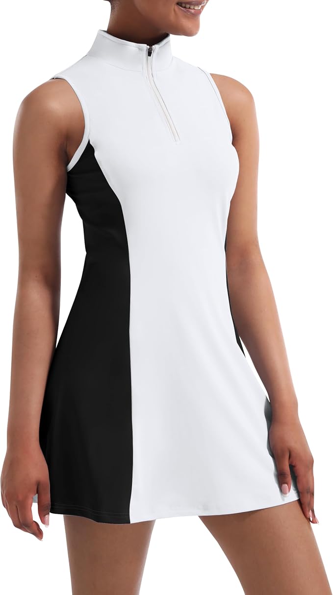 Tennis Dress for Women, Golf Dress with Shorts and Pockets Athletic Dress | Sleeveless Collared Half-Zipper Workout Sport Dress, Stretch Moisture Wicking Fabric, Tennis Golf Outfits