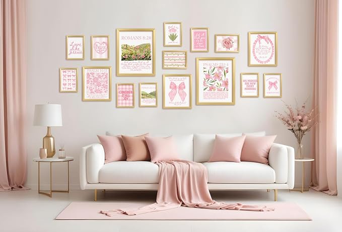 16 PCS Framed Christian Coquette Wall Art Decor, Pink Bow Bible Verses Wall Collage Kit Prints for Bedroom, Gallery Wall Frame Set, Jesus Posters for Living Room Aesthetic, Dorm Artwork for Girls Kids