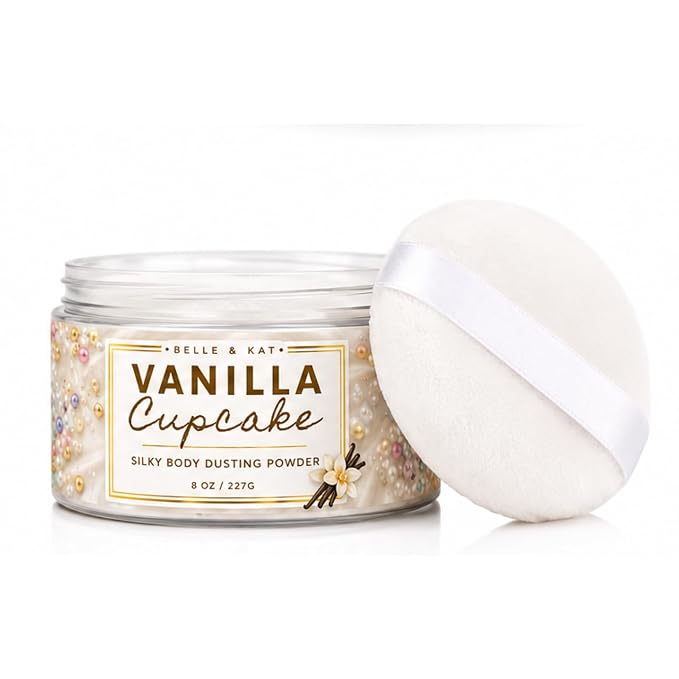 Body Powder for Men & Women Scented Vanilla Cupcake, Bath Perfume Dusting Powder with Fragrance & Essential Oils, Talc Free 8oz Container with Soft Powder Puff, Made in USA