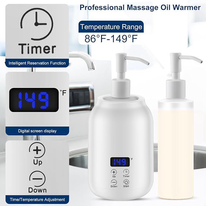 Massage Oil Heater Warmer,with ℃/℉ Switchable Display, Two Oil Dispenser Bottle,Constant Temperature, Salon and Barber Shops,White