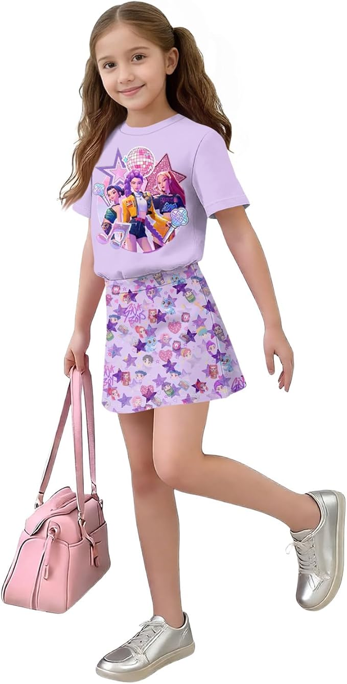 HTHLVMD K Pop Short Sleeve T-Shirt and Skirts Outfits Set for Girls Hunters Rumi Mira Zoey Graphic Tees De-Mon Costume