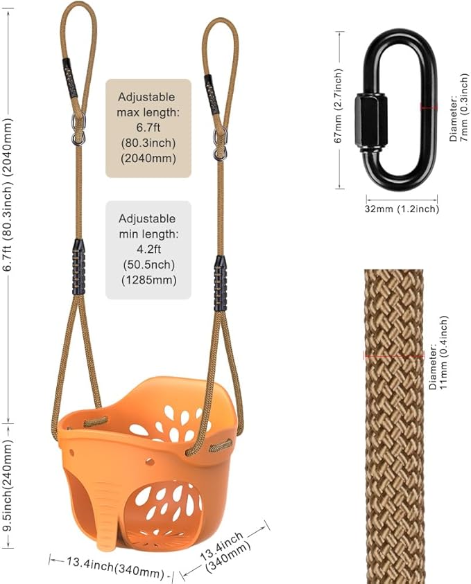 SELEWARE Toddler Swing Set Accessories, High Back Full Bucket Swing Seats with Adjustable Rope and 4 Locking Carabiners, Cute Elephant Shape Design 600LB Capacity (2 Pack)
