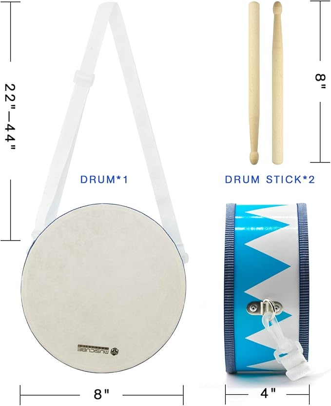 MUSICUBE Kids Drum Set 8-Inch Wooden Drum Toys with an Adjustable Strap and 2 Drumsticks Educational Baby Musical Toys Drum Sensory Musical Instrument Toys for Toddler Boys & Girls Gift Packing
