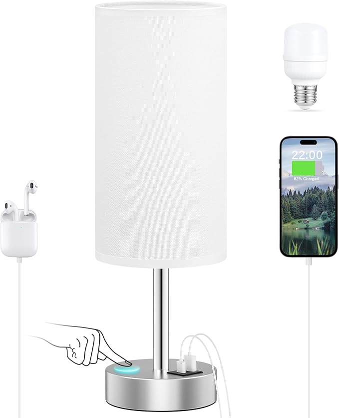 Dicoool White Touch Bedside Lamp with USB - 3 Way Dimmable Table Lamp for Bedroom, Nightstand Lamp with Nickel Charging Station and Silver LampHolder for Dorm Kids Room, Small