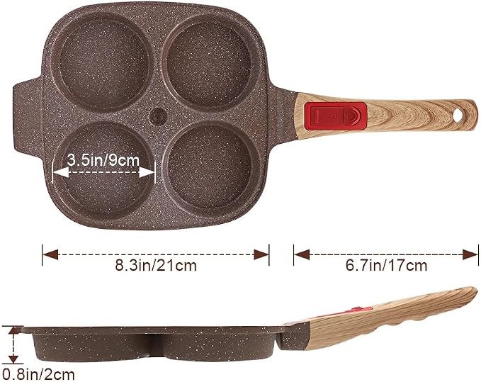 RANX INGST Ceramic Egg Frying Pan, Nonstick 4 Cup Fried Egg Pan with Detachable Handle, Omelette Pan Induction Compatible - Brown