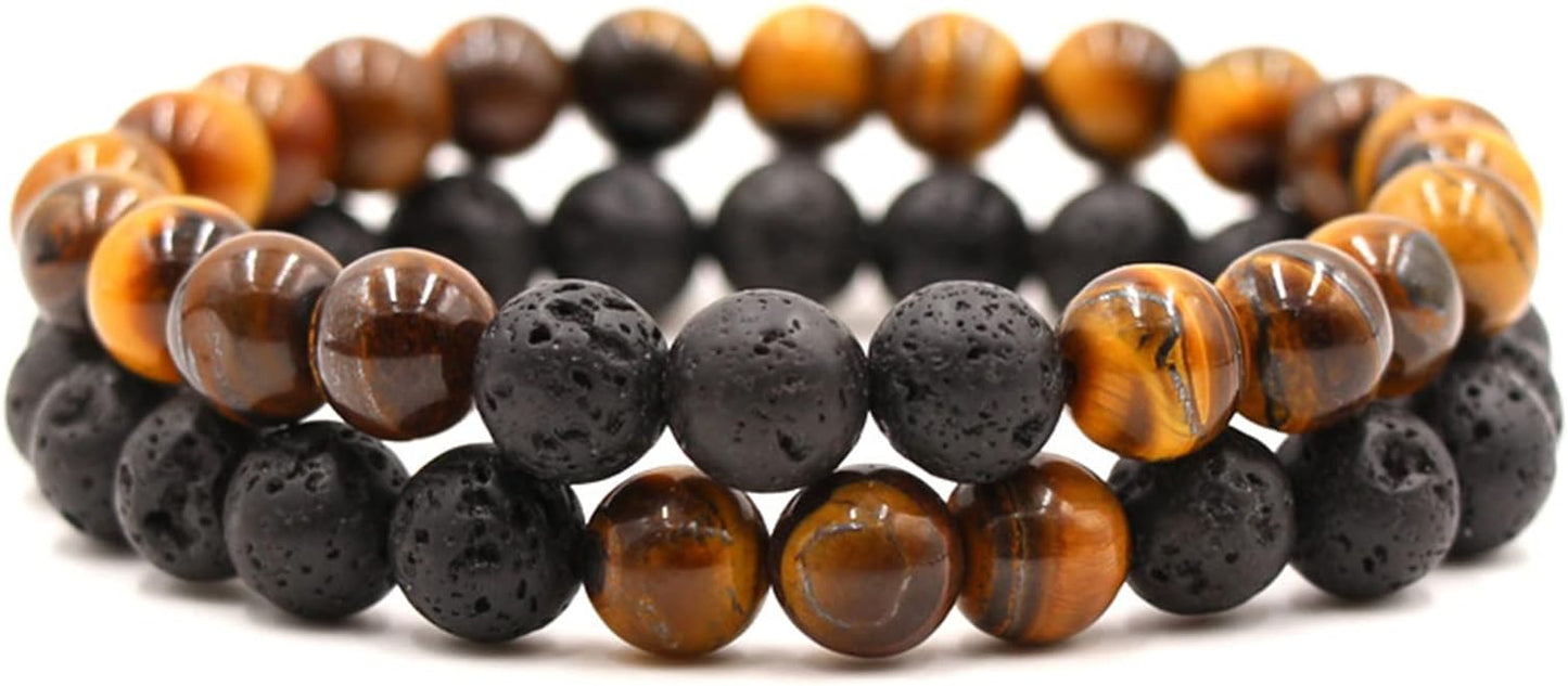 Caiyao 2Pcs Matte Lava Rock Volcanic Stone Beads Stretch Bracelet Stacking Essential Oil Diffuser Tiger Eye Seed Energy Yoga Bracelet for Men Women Couple Stress Relief Healing Aromatherapy Jewelry