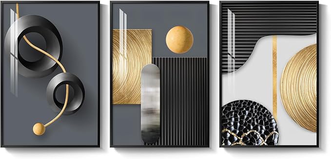 Framed Modern Elegant Wall Art for Living Room, 3 Piece 16x24 In | Black gold wall prints, Abstract geometric wall paintings, Contemporary luxury bedroom dining room office wall decor