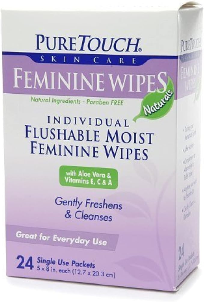 Feminine Wipes Naturals for Adults Individual Flushable Moist Wipes 144 Single-Use-Packets