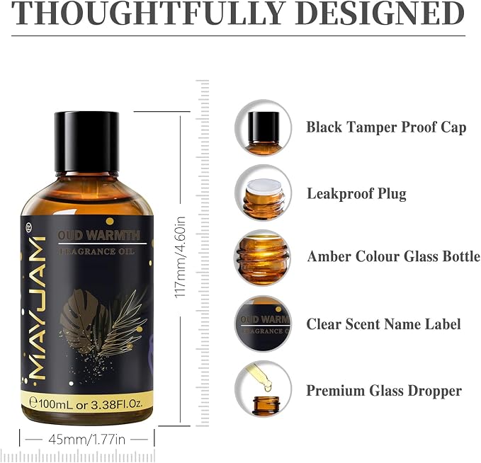 Oud Warmth Fragrance Oil Essential Oil, MAYJAM 3.38FL.OZ Oud Warmth Oil for Diffusers for Home, Long Lasting Scented Oils for Soap Candle Making - 100ML