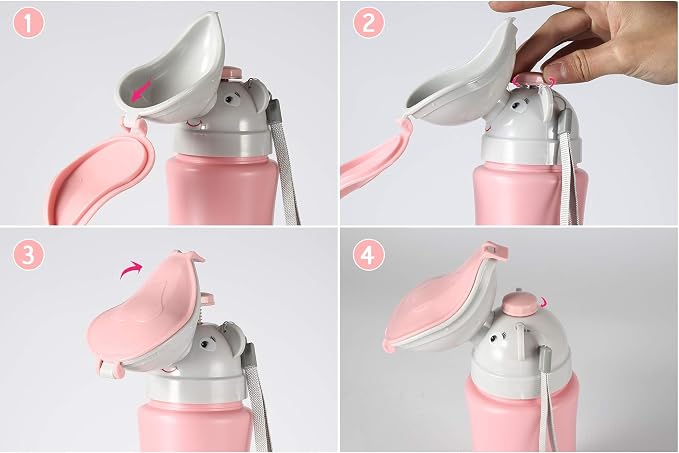 ONEDONE Portable Urinal for Kids 17 OZ Pee Bottle with Clean Brush Travel Urinal for Kids Baby Child Pee Cup for Girls Emergency Toilet for Camping Car Travel and Kid Potty Training (Pink)