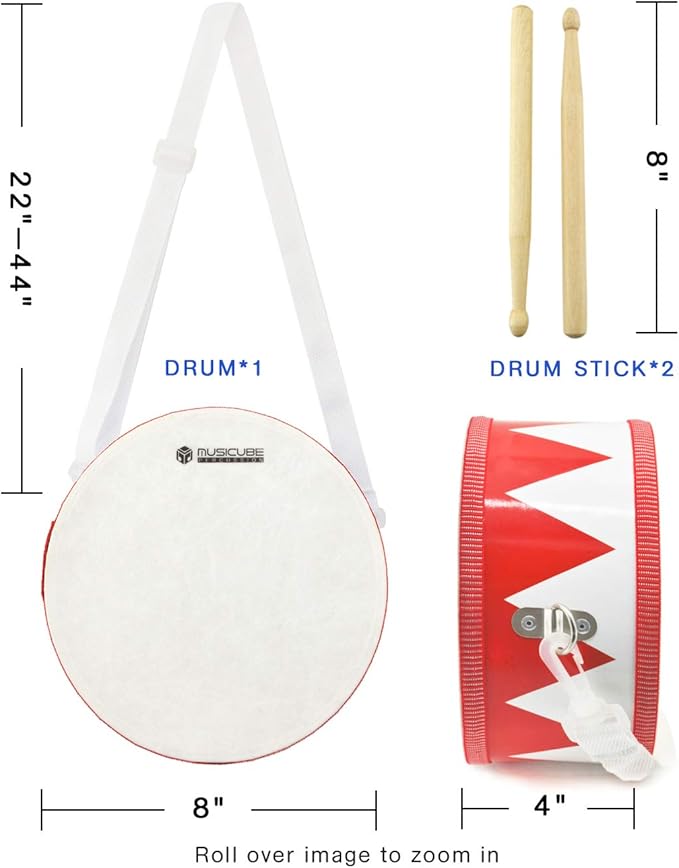 MUSICUBE Kids Drum Set 8-Inch Wooden Drum Toys with an Adjustable Strap and 2 Drumsticks Educational Baby Musical Toys Drum Sensory Musical Instrument Toys for Toddler Boys & Girls Gift Packing