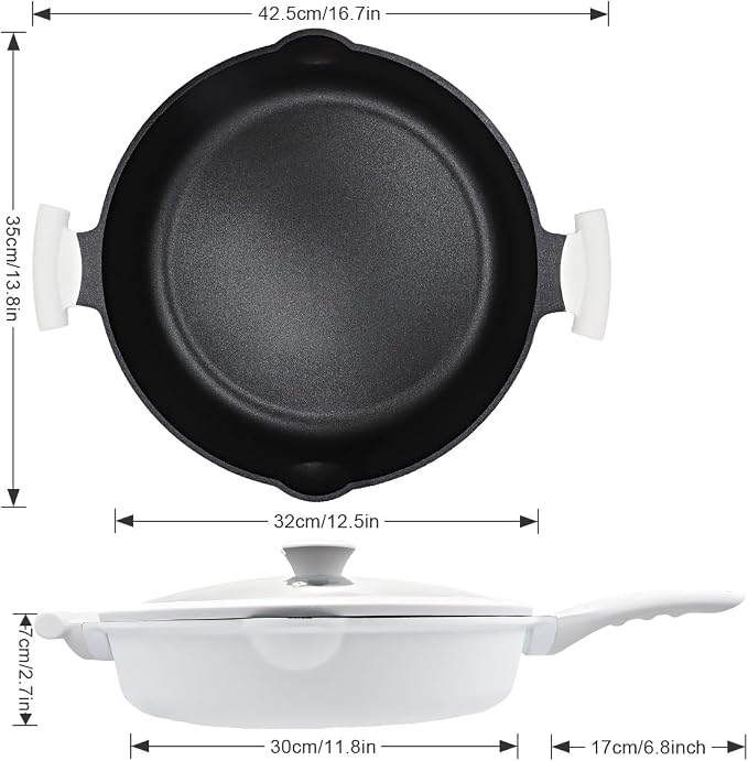 Large Frying Pan Skillet Nonstick with Lid, 14 Inch Deep Saute Pan, Big Induction Pan for Cooking, 2-1 Non Stick Cookware with Helper Handle, Family Size, Suitable for All Stoves, White