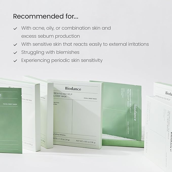 BIODANCE Refreshing Sea kelp Real Deep Mask, Overnight Hydrogel Mask, Calming, Oil & Sebum Control, Blemish Care, Korean Skin Care, Valentines Day Gifts for Her | 1.19oz(34g) x 4ea