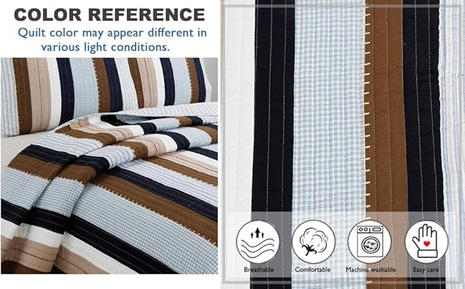 Cozy Line Home Fashions Sailor Navy Blue Star Striped Print Cotton Reversible Bedding Quilt Set (Nathan Stripe, Twin)