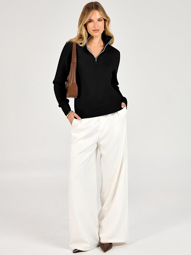 ANRABESS Women Quarter Zip Long Sleeve Fall Pullover Sweater | Soft Knit Fabric Medium Stretch, Business Casual Work Office, Travel Vacation, 2026 Trendy Fashion, Winter Cozy Outfits