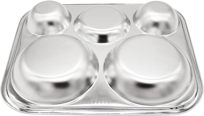 Korean Stainless Steel Large Divided Plates for Adults & Teens 2-Pack | Premium 304 electro-polished stainless steel, no black residue, BPA-free large tray for diet portion control