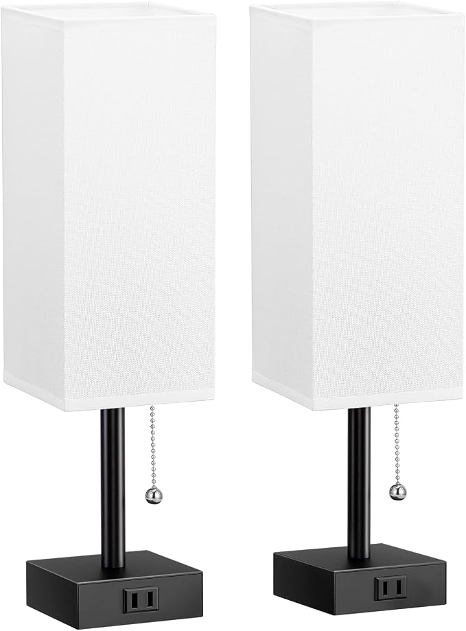 White Bedside Lamps for Bedroom Set of 2 - Small Rectangular Nightstand Lamp with AC Outlet Charging Port, 3 Color Temperatures Desk Light with Bulb, Tabletop Reading Lamp for Living Room/Dorm/Office
