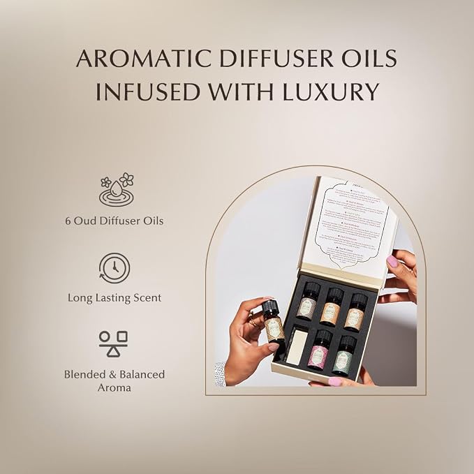 Oud Diffuser Oil, Essential Oil Gift Set by Dukhni | 6 x 10ml Arabic Oil Gift Set for Diffuser & humidifier | 100% Pure Halal Oudh Oils | Relax with Home Aromatherapy