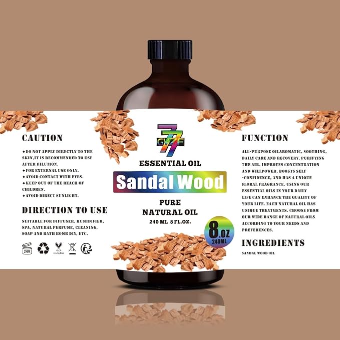 Sandalwood Essential Oil, Sandalwood Oils, for Diffuser, Humidifier, DIY Candles, Soap, Meditation, Home, Gift, Essential Oil, GV77ZF Sandalwood Fragrance Oil - 8 fl oz (240 ml)
